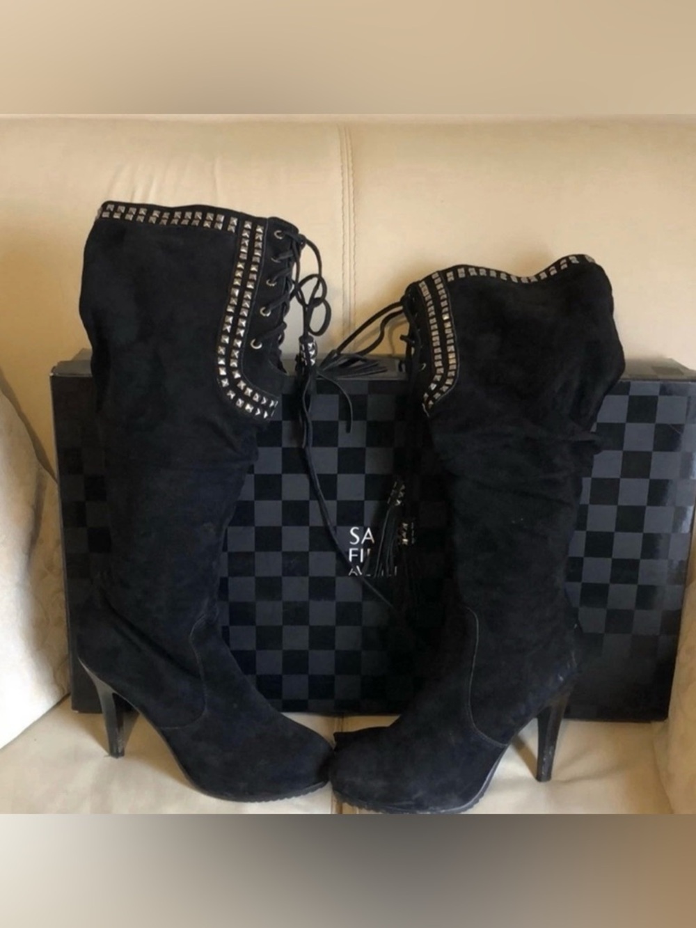 Saks Fifth Avenue Black Studded Lace-Up Suede Knee Boots 10M